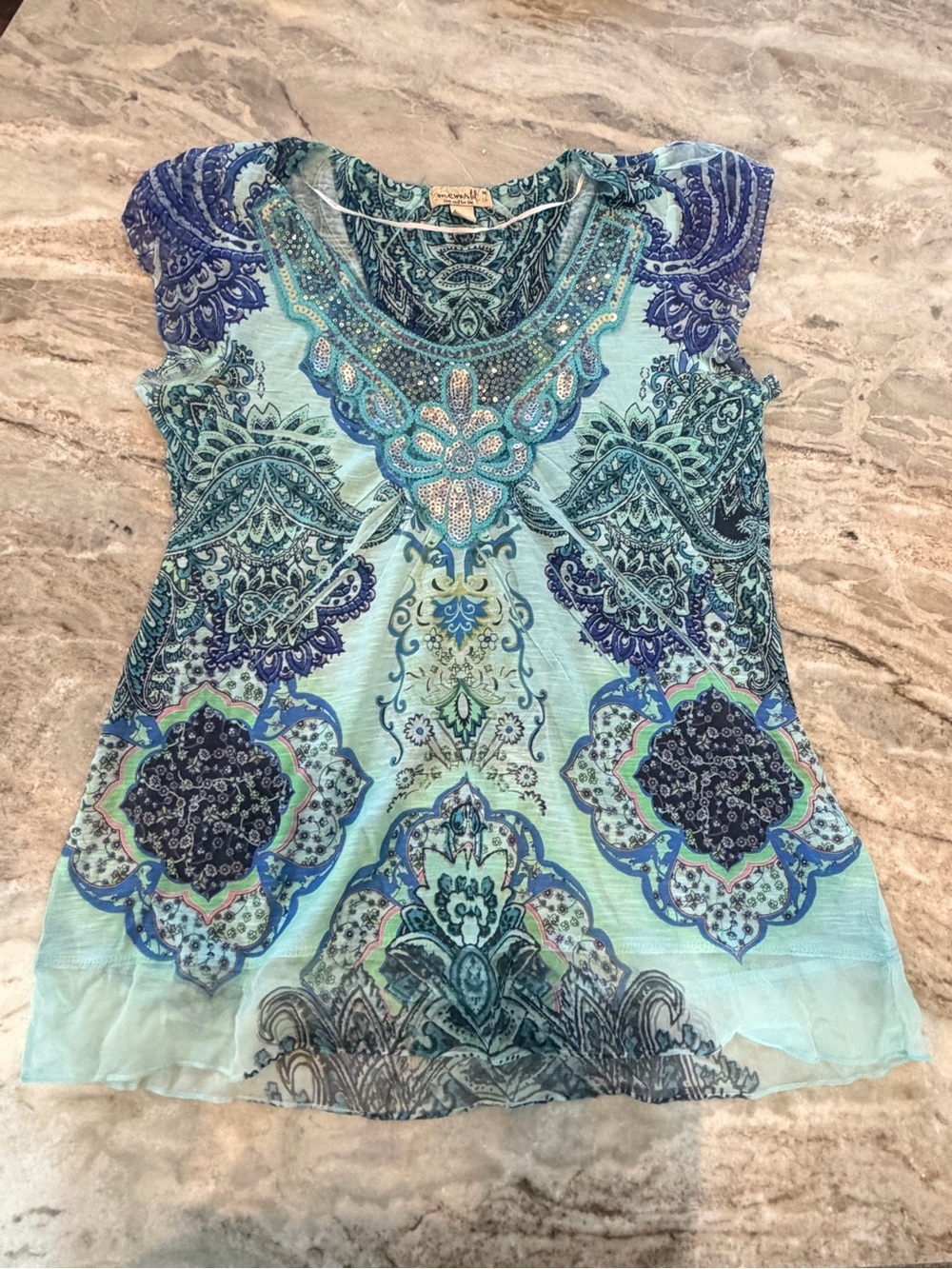 One World Medium Aqua Blue Embellished Boho Tunic Paisley Medallion Rhinestone